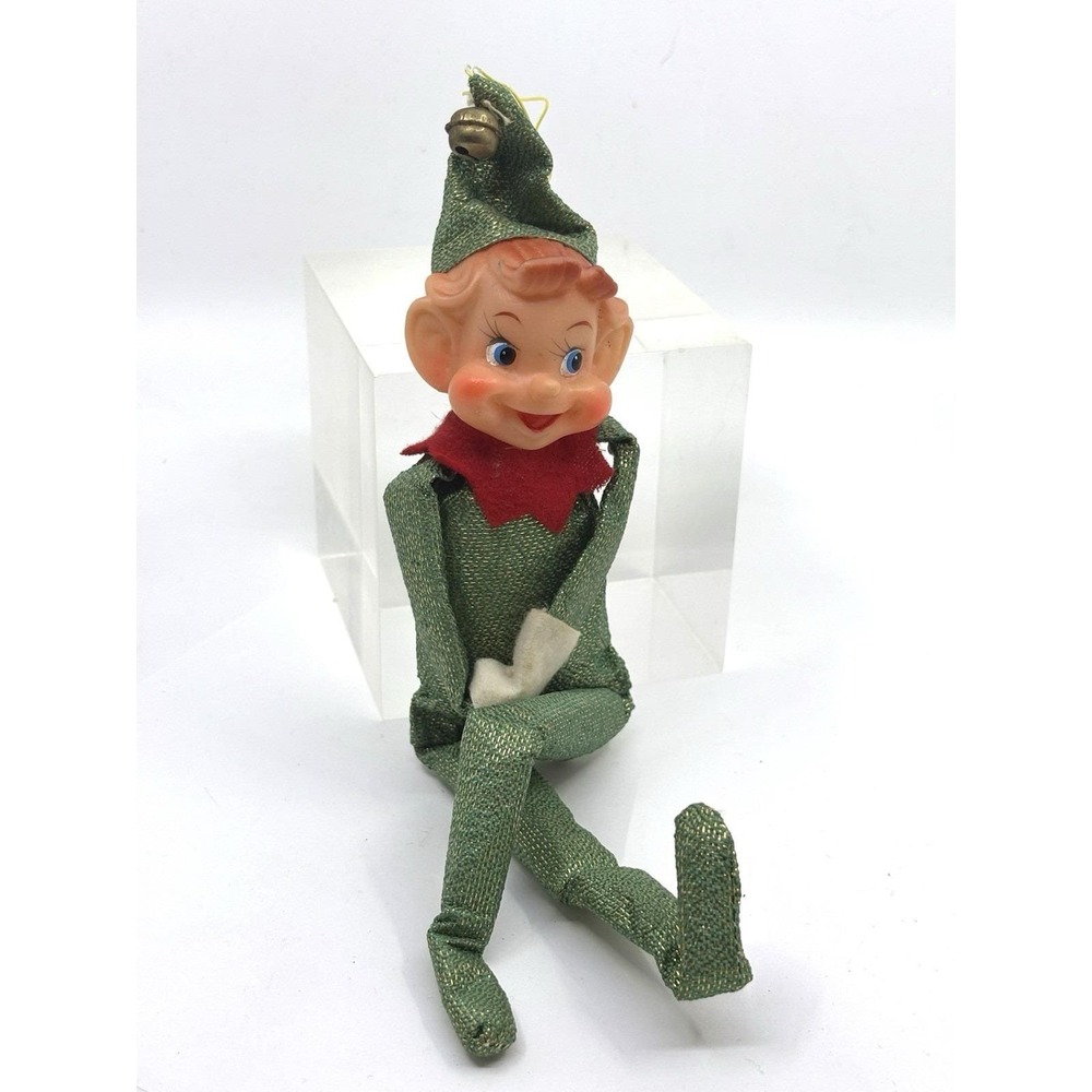 vintage Shiny Brite metallic lamé knee hugger elf ornament from the 1950s